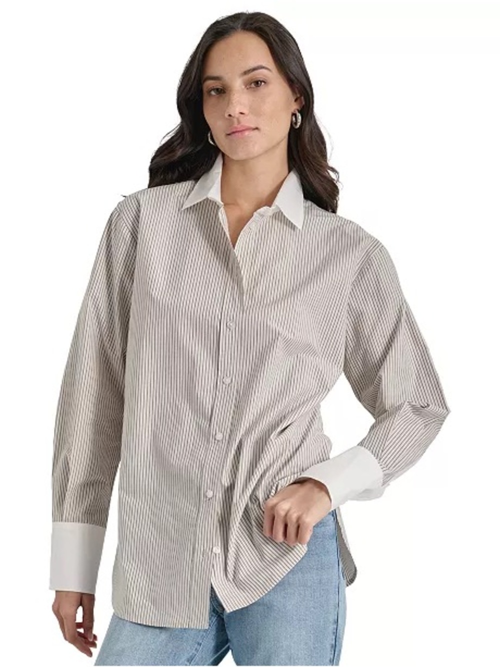 DKNY jeans Women's Cotton Contrast-Trim Button-Front Shirt size XL